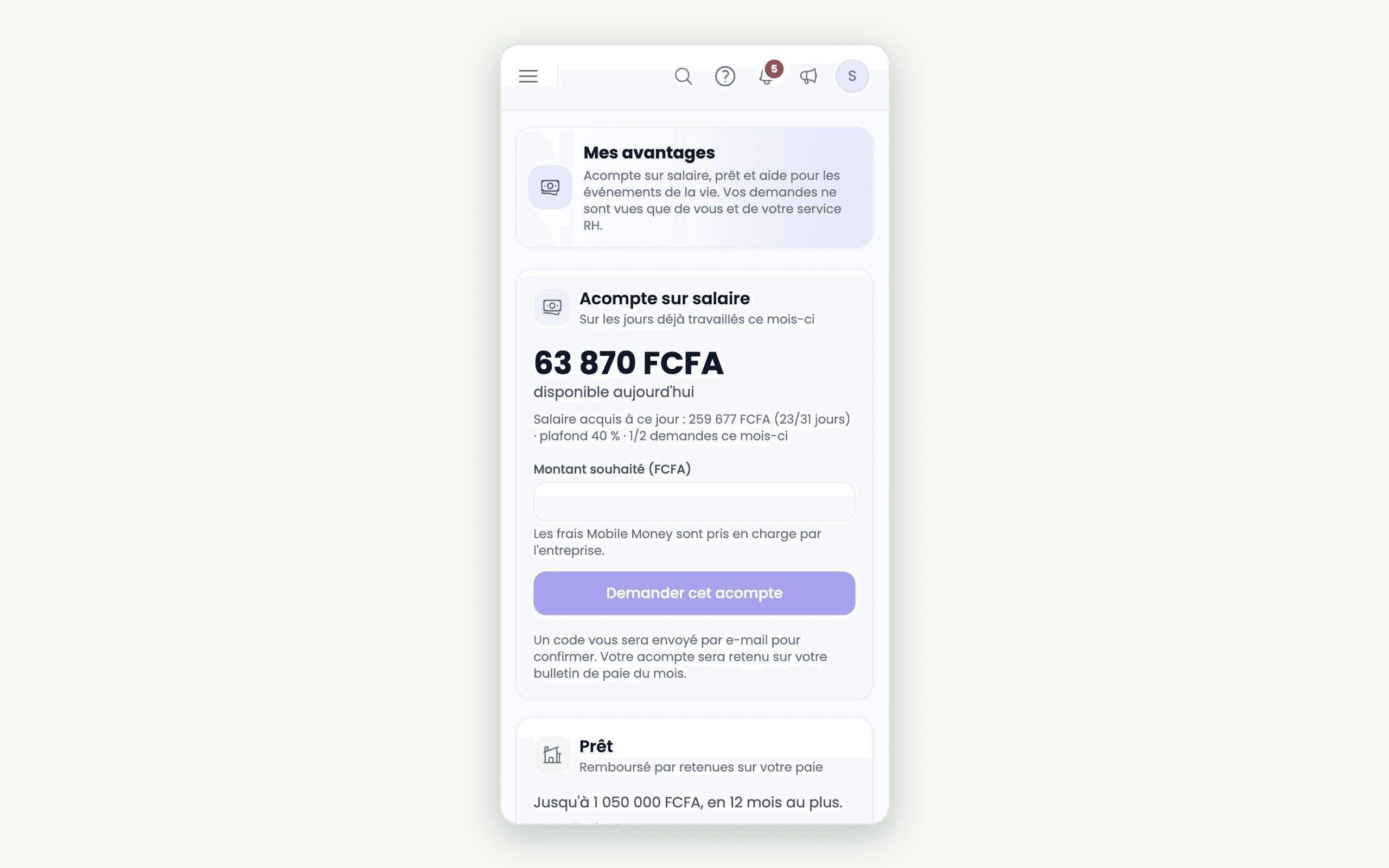Aperçu du logiciel AfricaPaieRH — acompte disponible, vu par le salarié