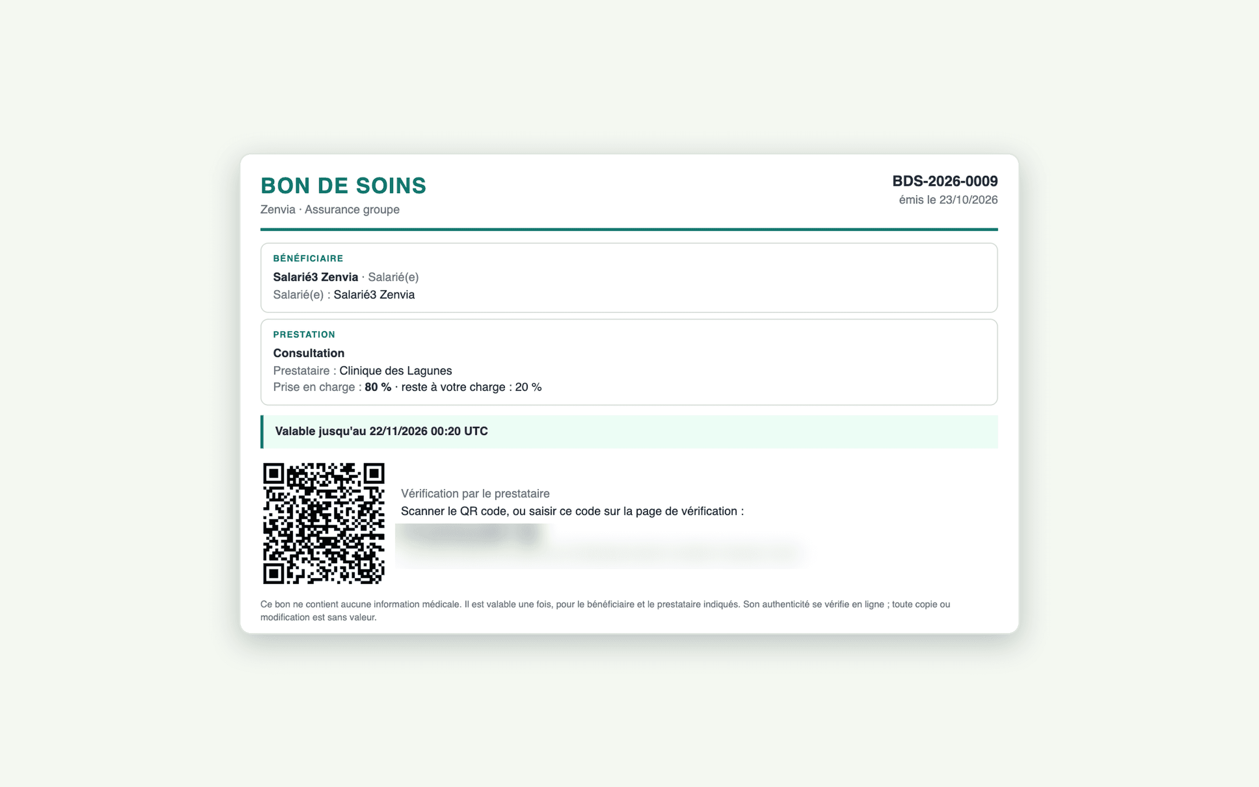 Aperçu du logiciel AfricaPaieRH — bon de soins PDF avec QR code