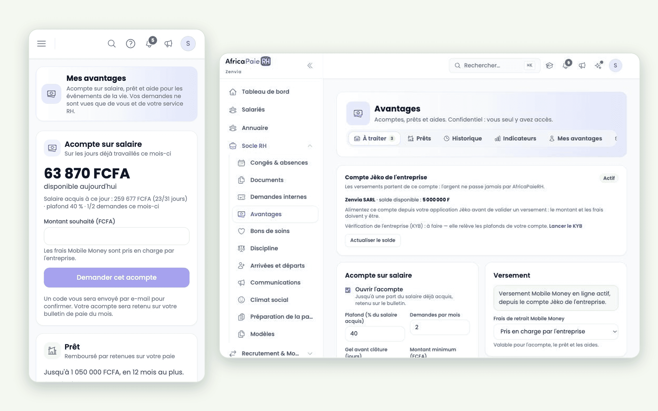Aperçu du logiciel AfricaPaieRH — acompte sur mobile et réglages côté entreprise