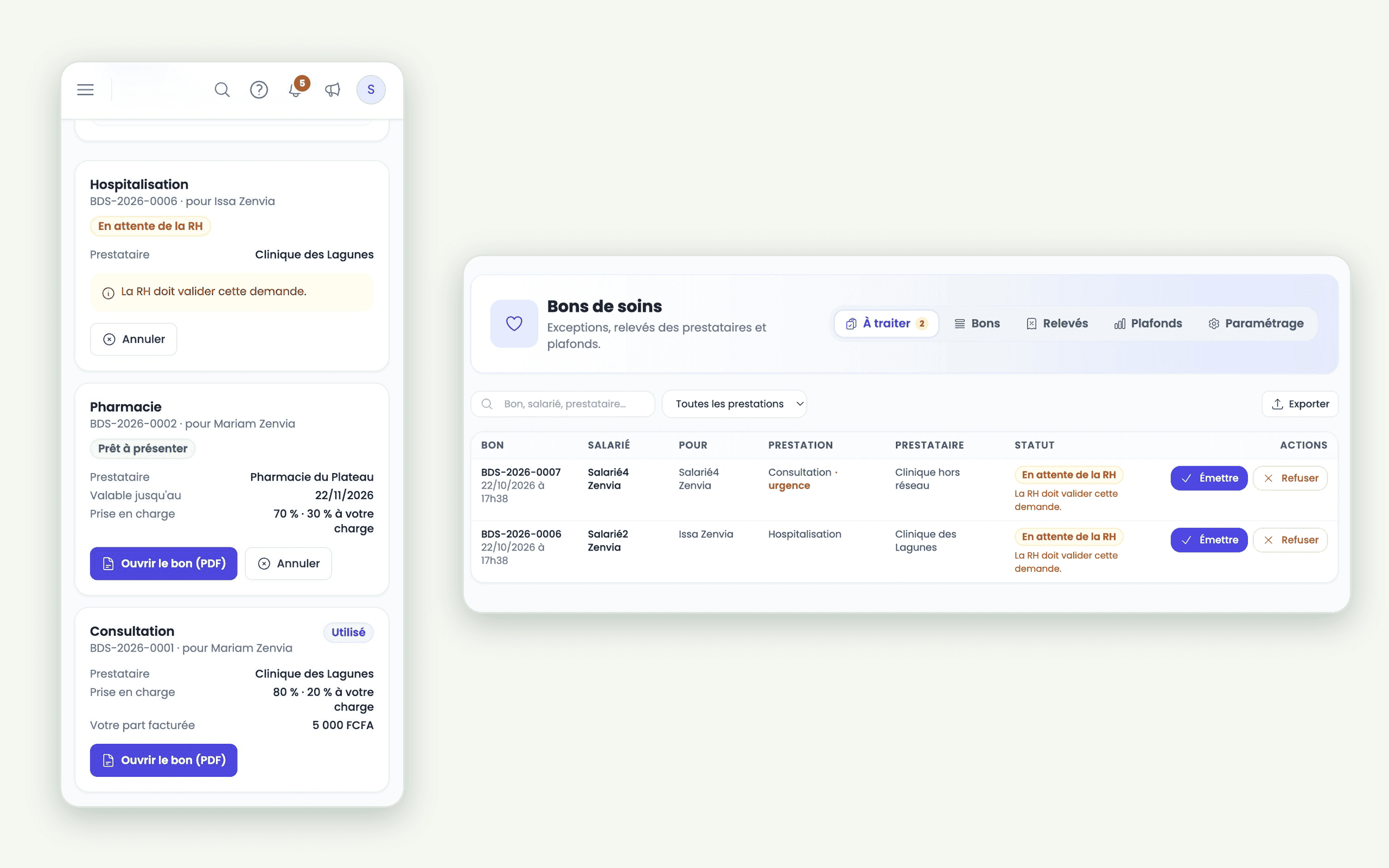 Aperçu du logiciel AfricaPaieRH — bon de soins sur mobile et validation côté RH