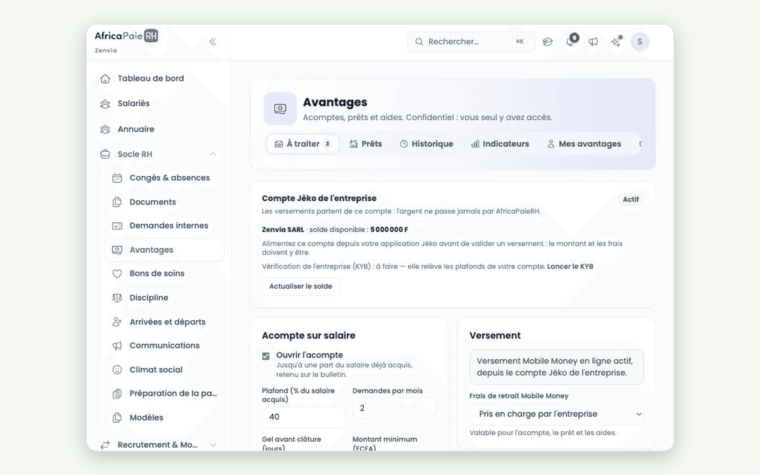 Aperçu du logiciel AfricaPaieRH — compte Jèko et versement