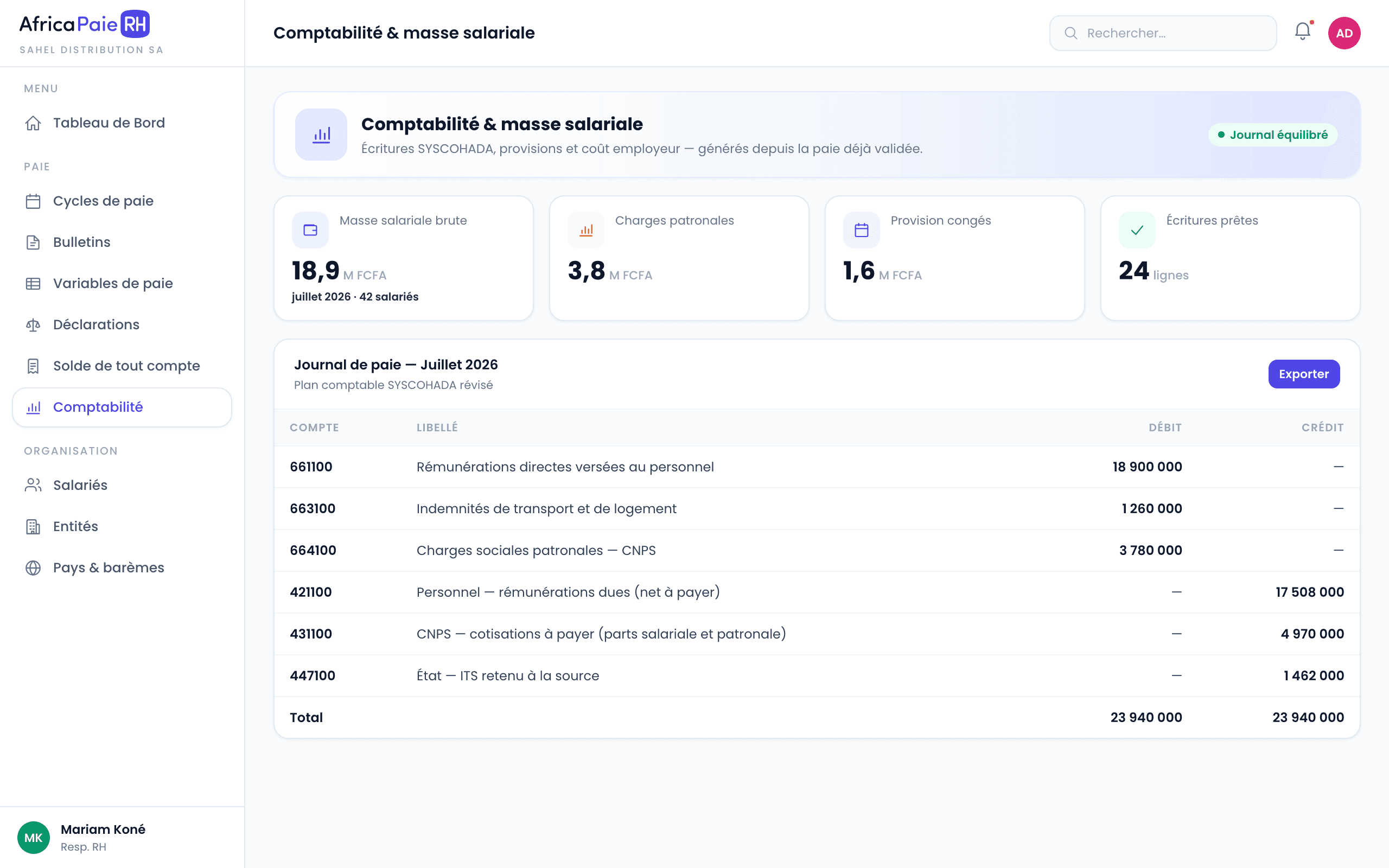 Aperçu du logiciel AfricaPaieRH — journal de paie — écritures SYSCOHADA
