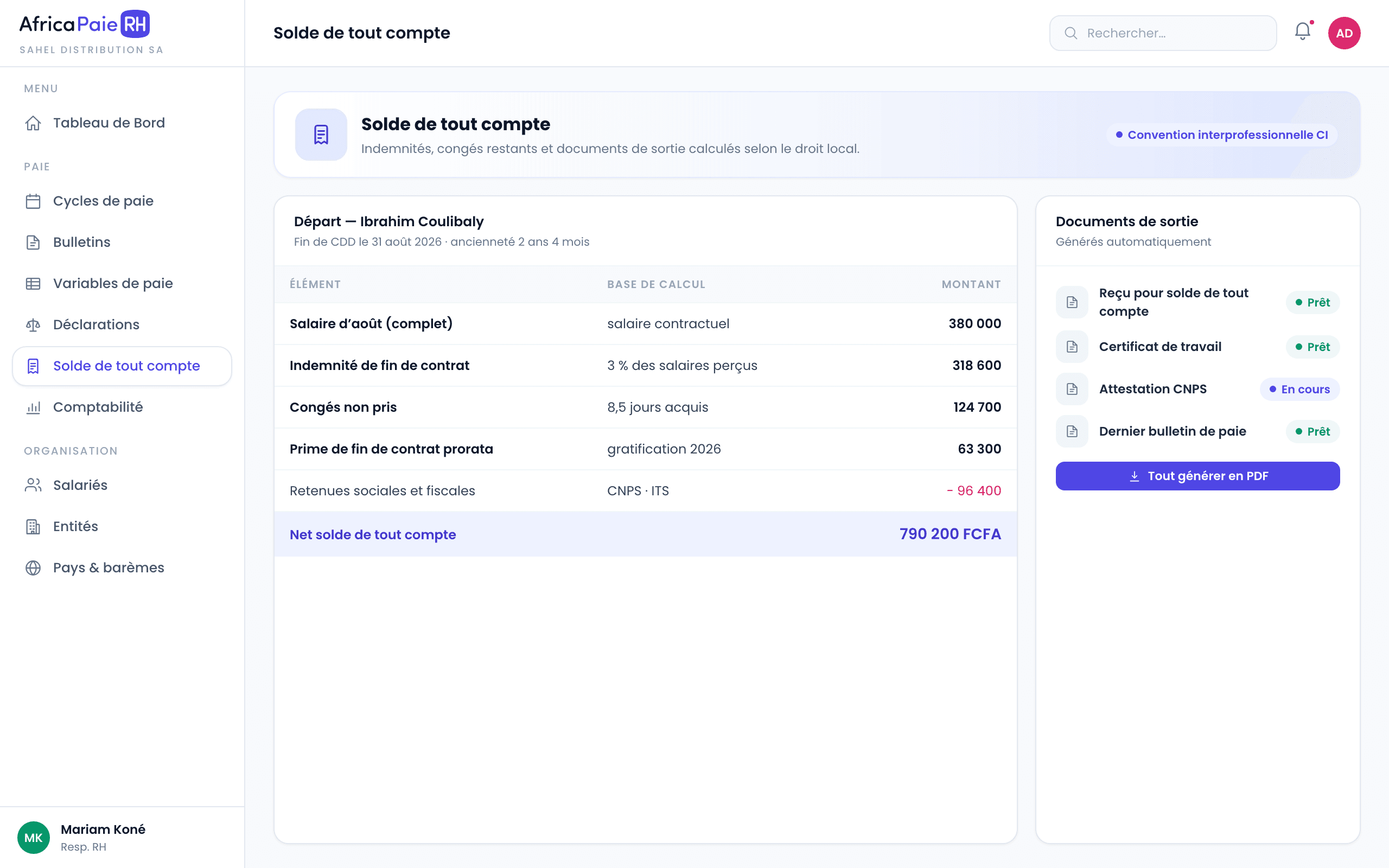 Aperçu du logiciel AfricaPaieRH — solde de tout compte