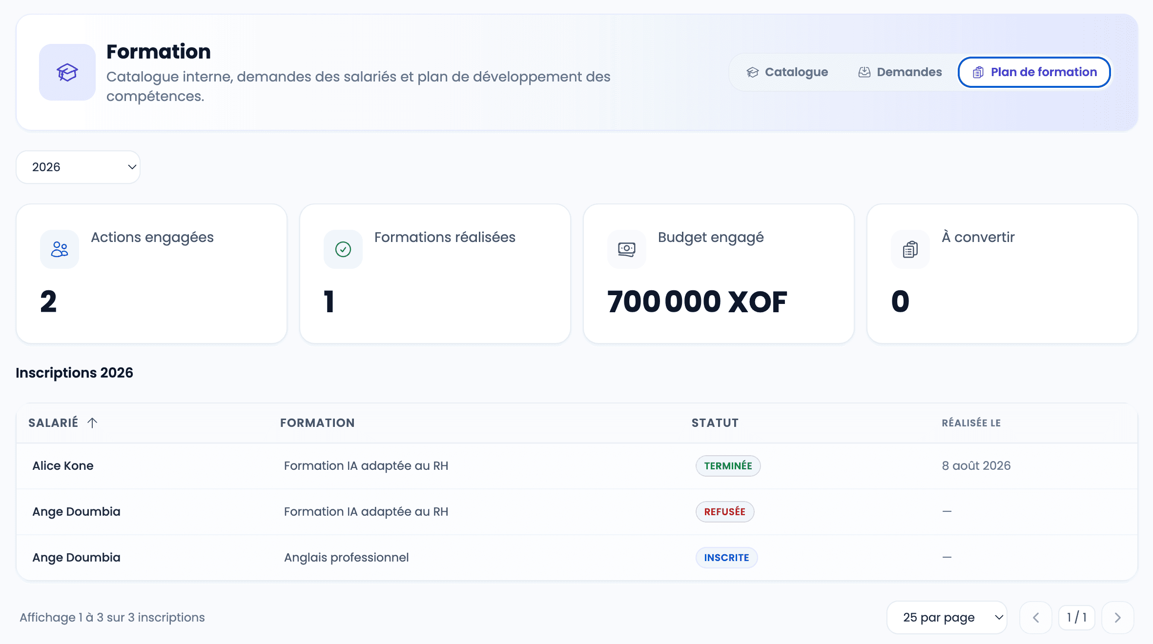Aperçu du logiciel AfricaPaieRH — plan de formation