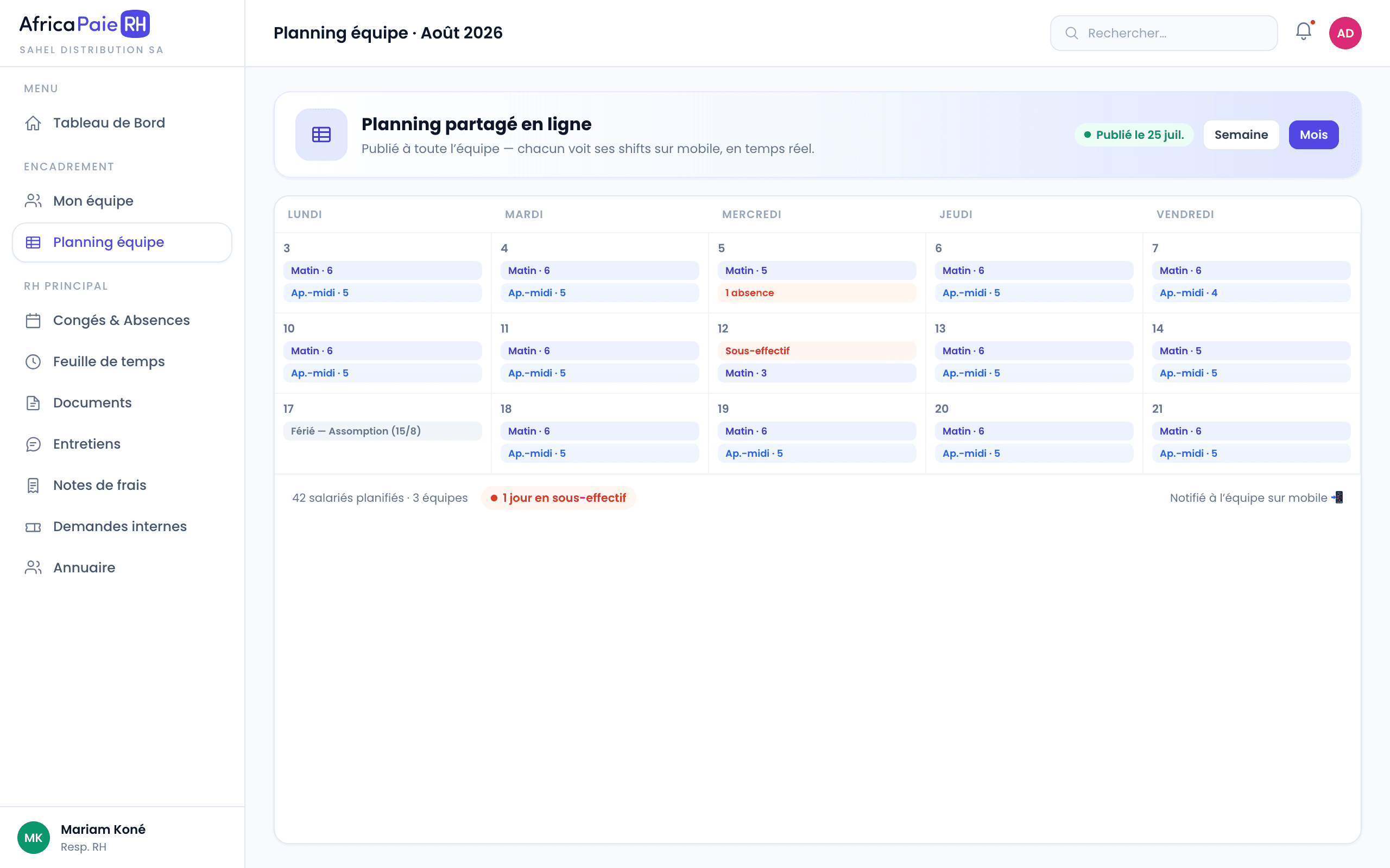 Aperçu du logiciel AfricaPaieRH — planning partagé en ligne