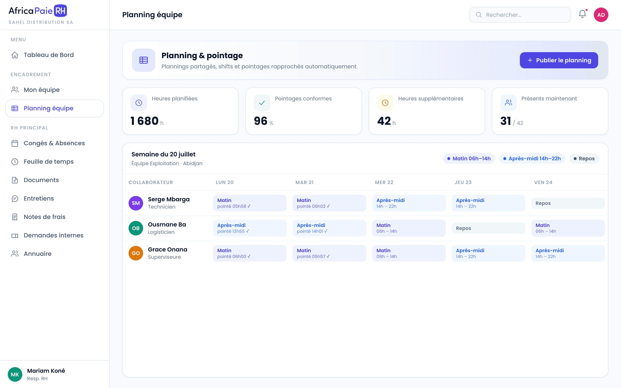 Aperçu du logiciel AfricaPaieRH — planning d'équipe et pointeuse